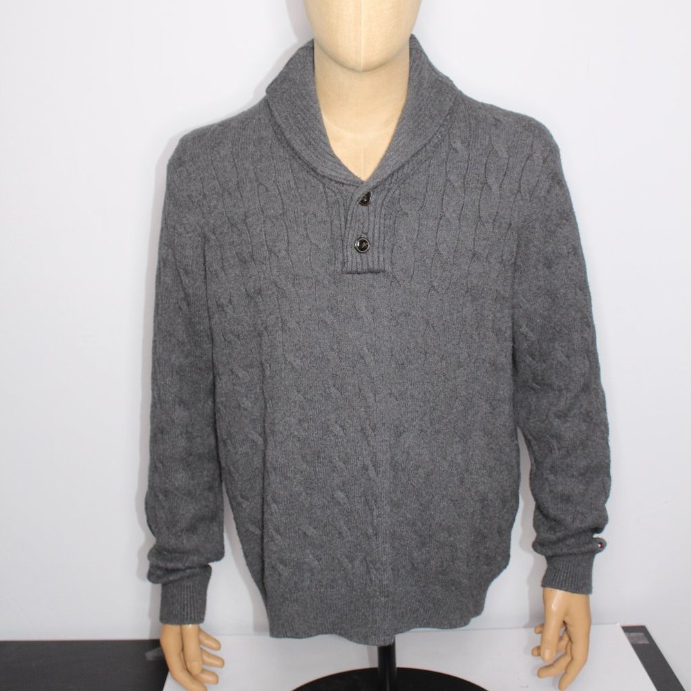 Tommy Hilfiger Men's Gray Cable Knit Shawl Turtleneck Sweater